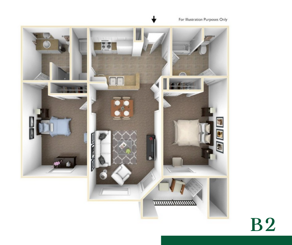 Floor plan for 2 beds, 2 baths, 972 sqft